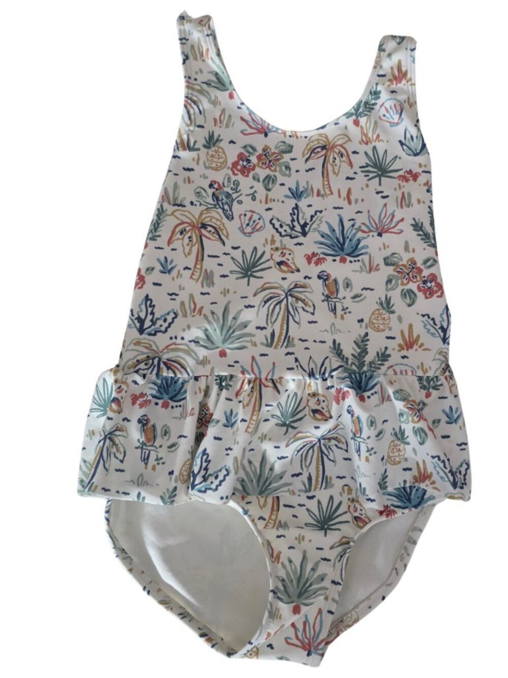 Girls White Tropical Print Ruffled One-Piece Swimsuit